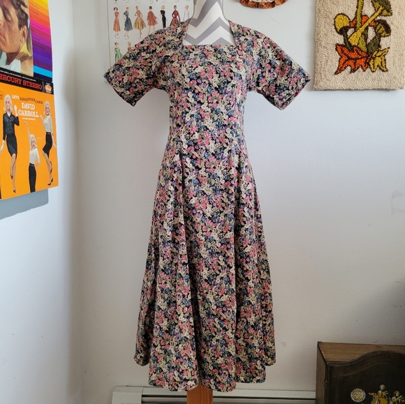 Dresses & Skirts - Vintage Black + Multicolor Floral Tea Length Dress